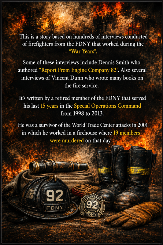 A book cover for a fictional story about firefighters, featuring a dark fiery background with a firefighter helmet, boots, and a hose at the bottom. The cover contains multiple paragraphs of white text with some highlighted in yellow. alternate view