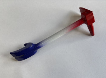 Red and blue Halligan bottle opener on a white background alternate view