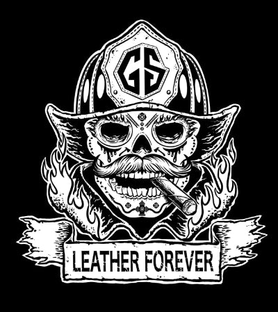 Skull with mustache and sunglasses wearing a helmet with a logo, smoking a cigar, and 'Leather Forever' text on a black background. alternate view