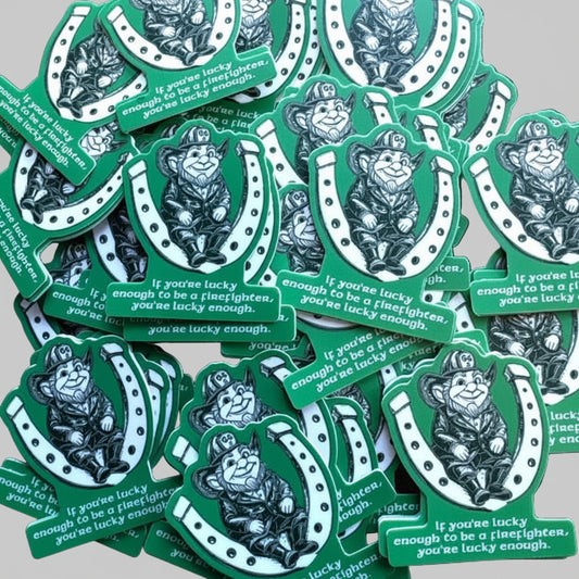 Sticker Green of a leprechaun saying "If You're Lucky Enough to be a Firefighter" alternate view