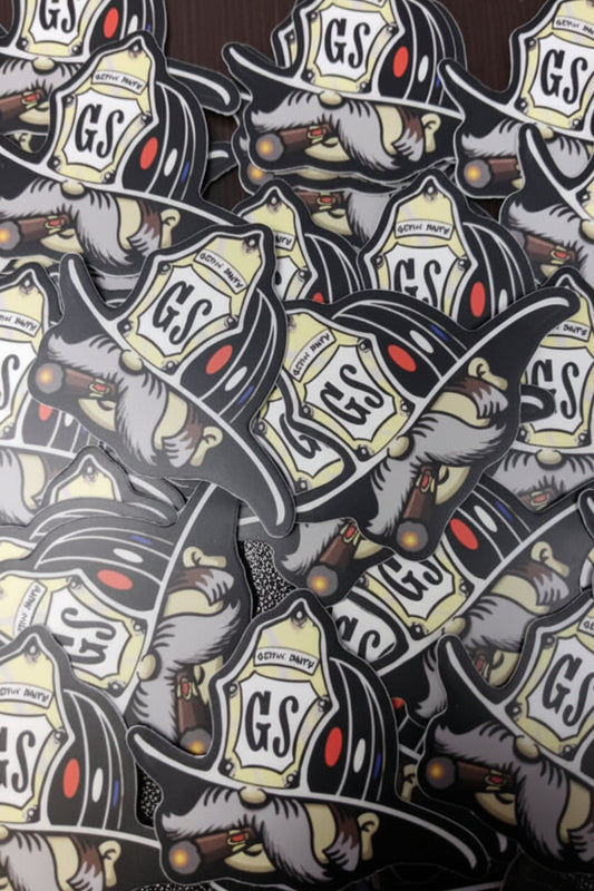 Pattern of firefighter helmets with 'GS' logo on a dark background alternate view