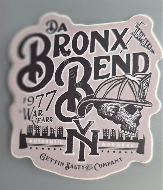 A die-cut sticker featuring a vintage-style black and white illustration with the words 'Bronx' and 'NY', '1977', and 'Gettin' Salty Company', shown on a plain gray background. alternate view