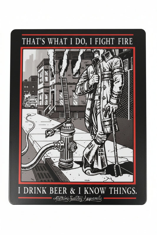 Illustration of a firefighter with text 'That's what I do. I fight fire. alternate view