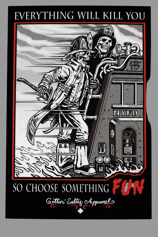 Sticker with a skeleton character and text on a dark surface alternate view