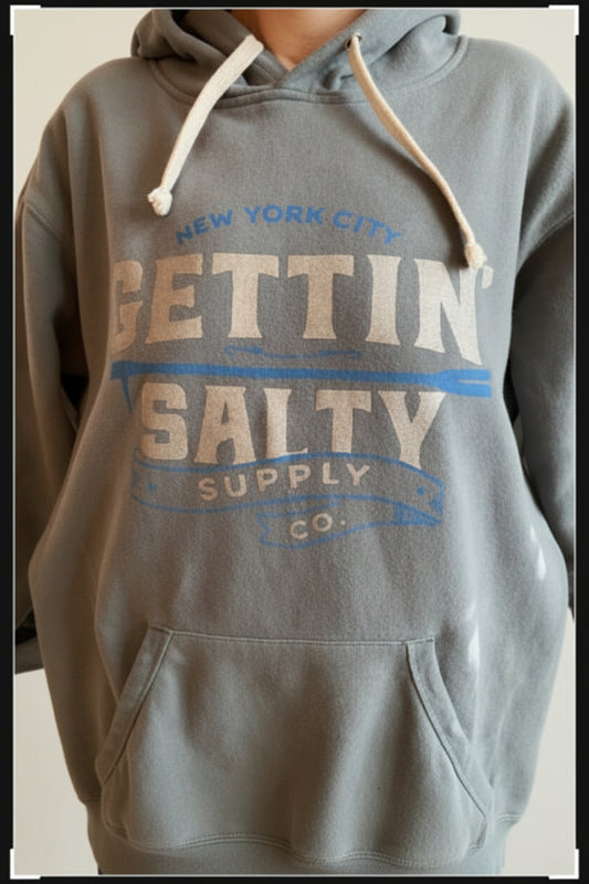 Gray hoodie with text design on a neutral background alternate view