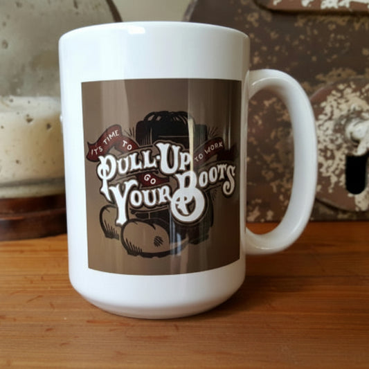 White mug with 'Pull Up Your Boots' design on a wooden surface alternate view