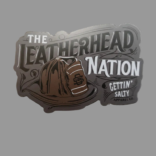 Sticker with 'The Leatherhead Nation' text and logo on a reflective surface alternate view
