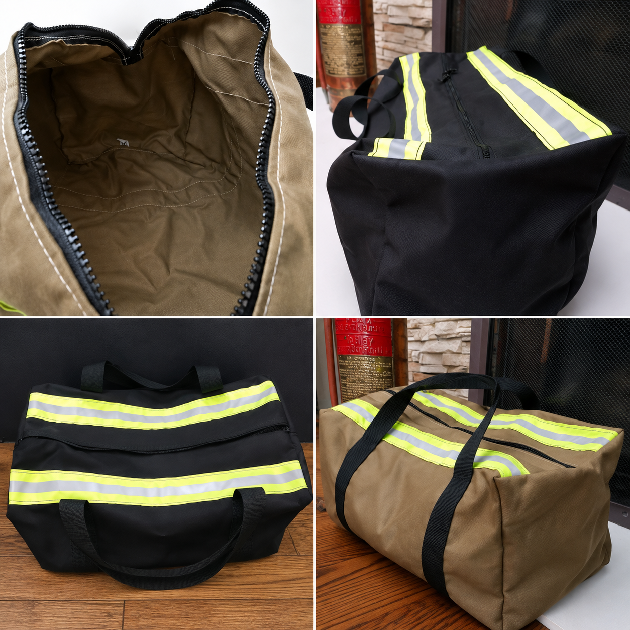 A four-panel collage showing two firefighter-style duffel bags from different angles. The top-left panel shows the open tan interior of one bag.