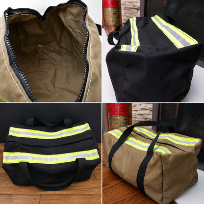 A four-panel collage showing two firefighter-style duffel bags from different angles. The top-left panel shows the open tan interior of one bag.
