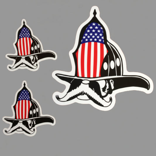 Three decals featuring American flag designs on a helmet and mustache