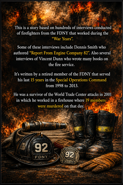 A book cover for a fictional story about firefighters, featuring a dark fiery background with a firefighter helmet, boots, and a hose at the bottom. The cover contains multiple paragraphs of white text with some highlighted in yellow.