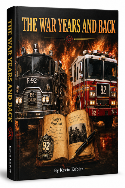 A hardcover book titled "The War Years and Back" by Kevin Kubler, shown at a slight angle. The cover features a dramatic illustration of two fire trucks in front of a fiery background, with an open journal and pen in the foreground.