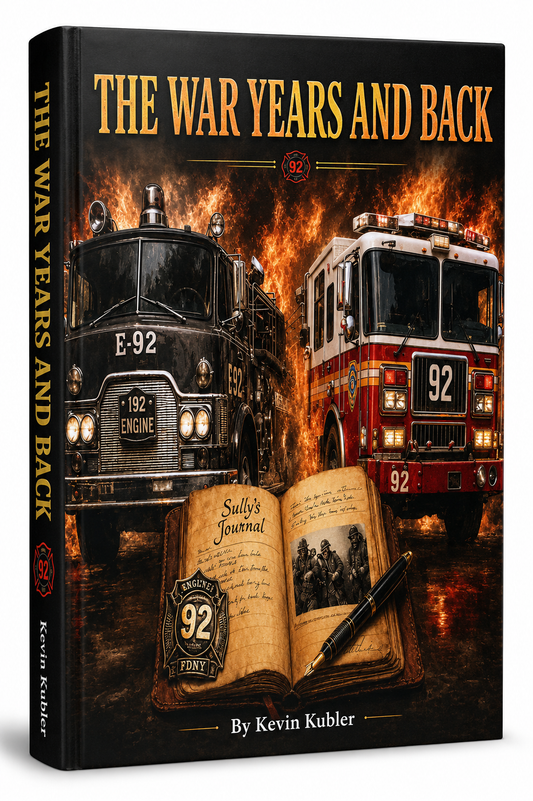 A hardcover book titled "The War Years and Back" by Kevin Kubler, shown at a slight angle. The cover features a dramatic illustration of two fire trucks in front of a fiery background, with an open journal and pen in the foreground.