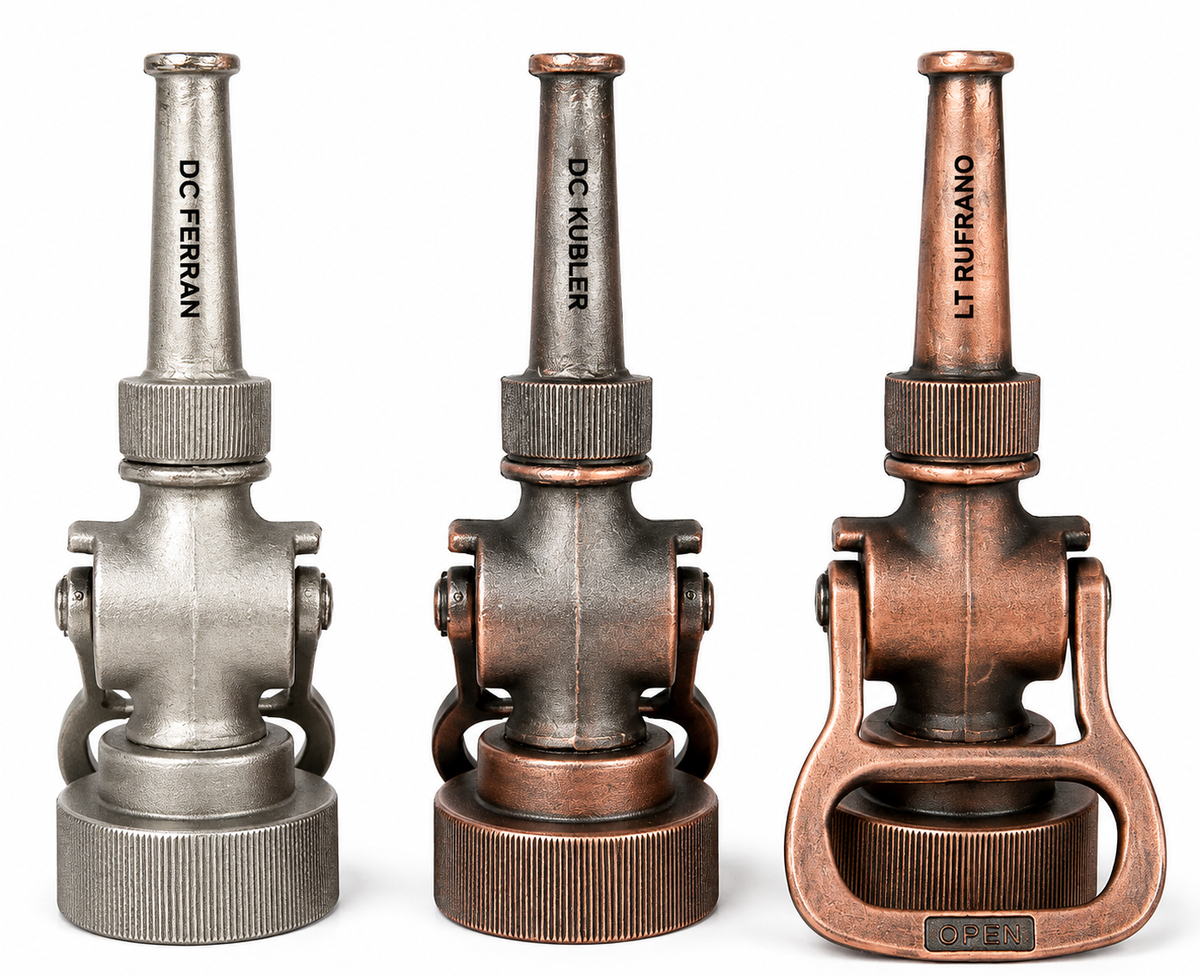 Three antique-style metal fire hydrant-shaped decorative objects or tools shown side by side on a white background, each with engraved text reading DC Ferran, DC Kubler, and LT Rufrano.