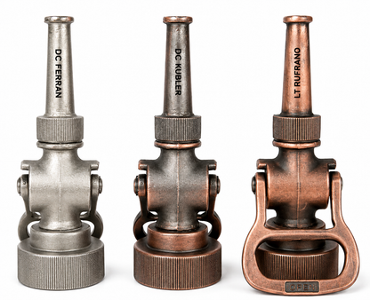 Three antique-style metal fire hydrant-shaped decorative objects or tools shown side by side on a white background, each with engraved text reading DC Ferran, DC Kubler, and LT Rufrano.