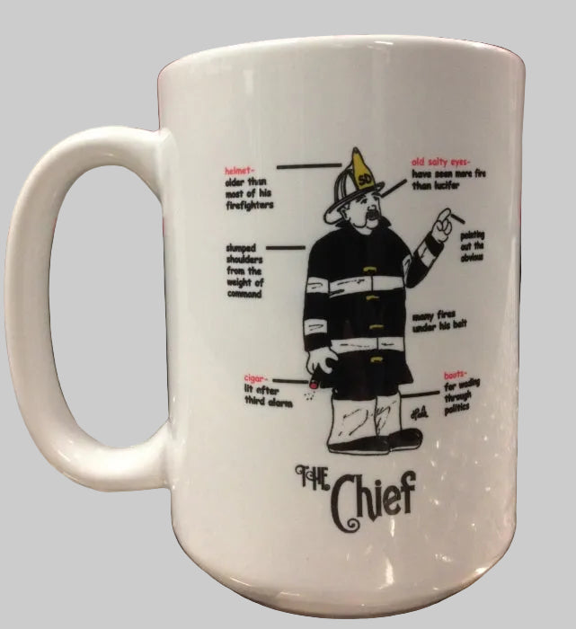 White mug with a graphic of a firefighter and text on a reflective surface.