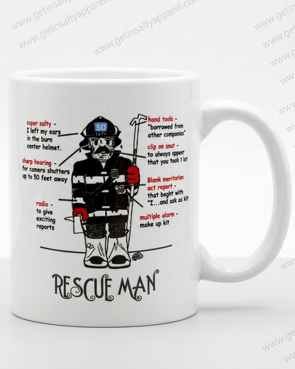 A white ceramic mug featuring a humorous firefighter infographic labeled 'RESCUE MAN' with illustrations and text, shown on a light gray background.
