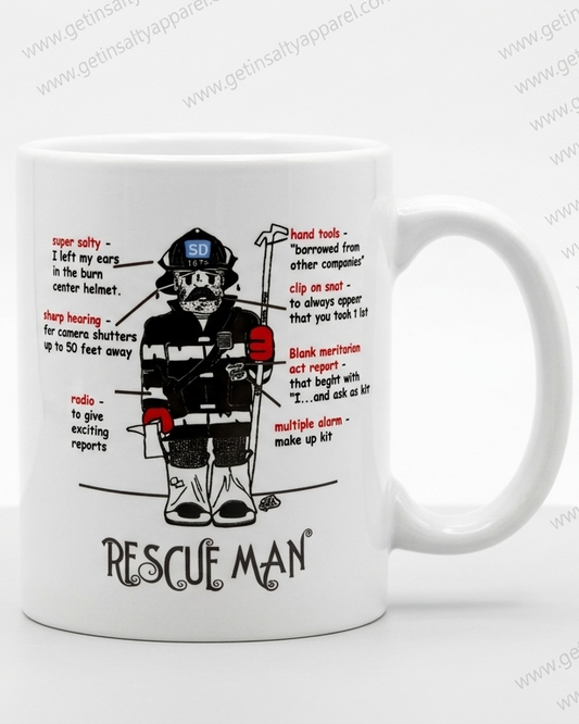 A white ceramic mug featuring a humorous firefighter infographic labeled 'RESCUE MAN' with illustrations and text, shown on a light gray background.