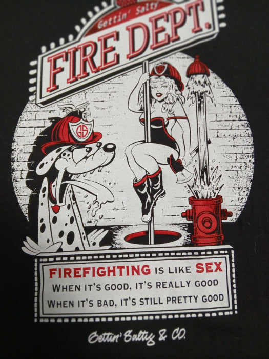 Illustration of a dog in a fire helmet and a woman in a bikini with a fire hydrant, labeled 'Fire Dept.', on a black background. alternate view