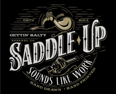 Logo for 'Saddle Up' with text and graphics on a black background alternate view