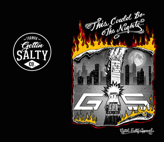 Design with flames, cityscape, and 'Gettin Salty' logo on a black background alternate view
