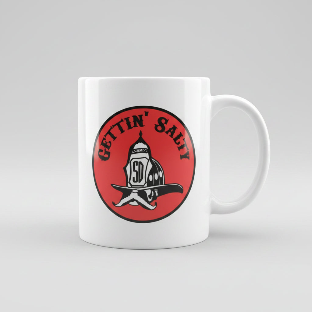White mug with red and black Gettin Salty logo 