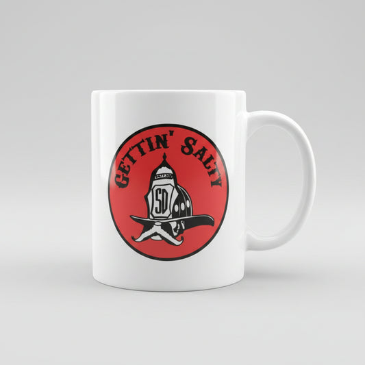 White mug with red and black Gettin Salty logo 