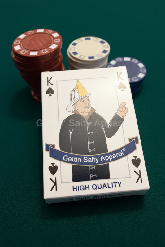 Playing card with a character design and 'Gettin Salty Apparel' branding, surrounded by poker chips 