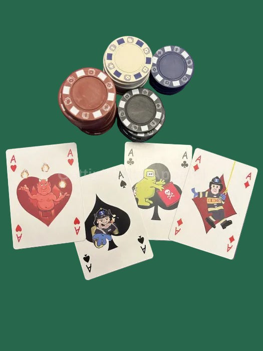 Four playing cards with unique designs