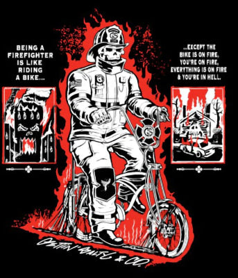 Illustration of a firefighter on a bike with text on a black background alternate view