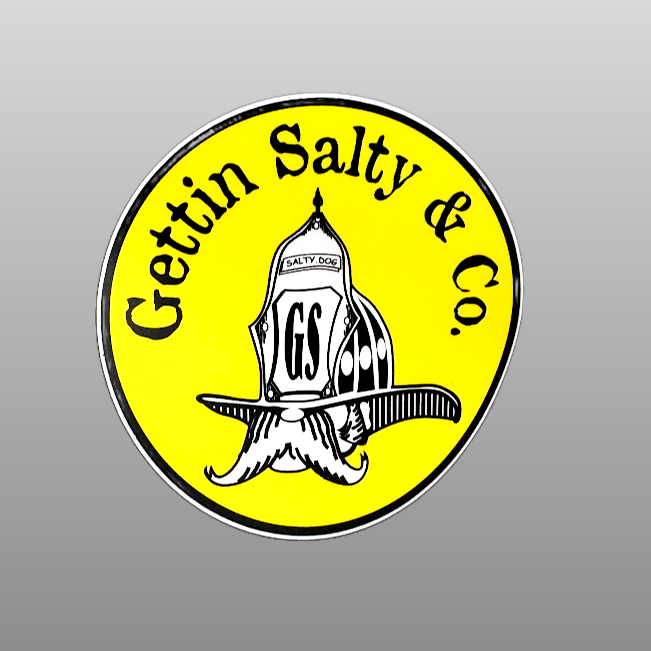A circular yellow sticker or decal with a black border, featuring the text 'Gettin Salty & Co.' in black around a central illustration of a salt shaker hat with a mustache and the letters 'GS'.