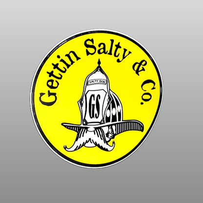 A circular yellow sticker or decal with a black border, featuring the text 'Gettin Salty & Co.' in black around a central illustration of a salt shaker hat with a mustache and the letters 'GS'.