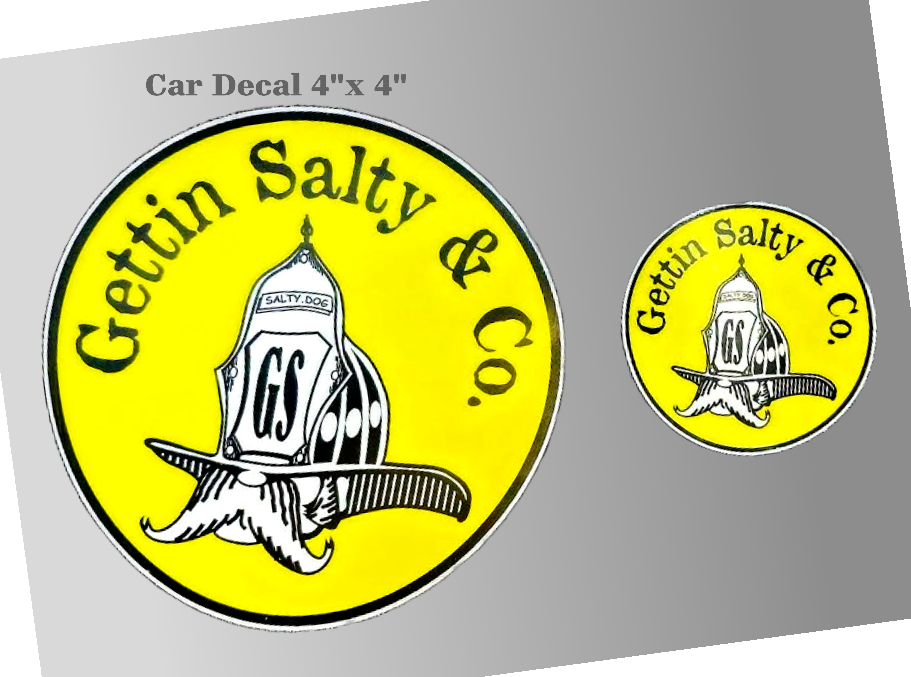 Two circular car decals on a gray background, one large 4x4 inch decal and one smaller matching decal. The yellow decal features black text reading 'Gettin Salty & Co.