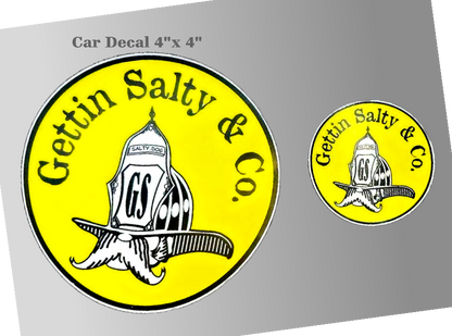 Two circular car decals on a gray background, one large 4x4 inch decal and one smaller matching decal. The yellow decal features black text reading 'Gettin Salty & Co.