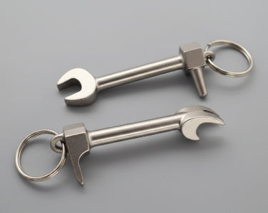 Two metallic chrome Halligan keychain bottle opener alternate view