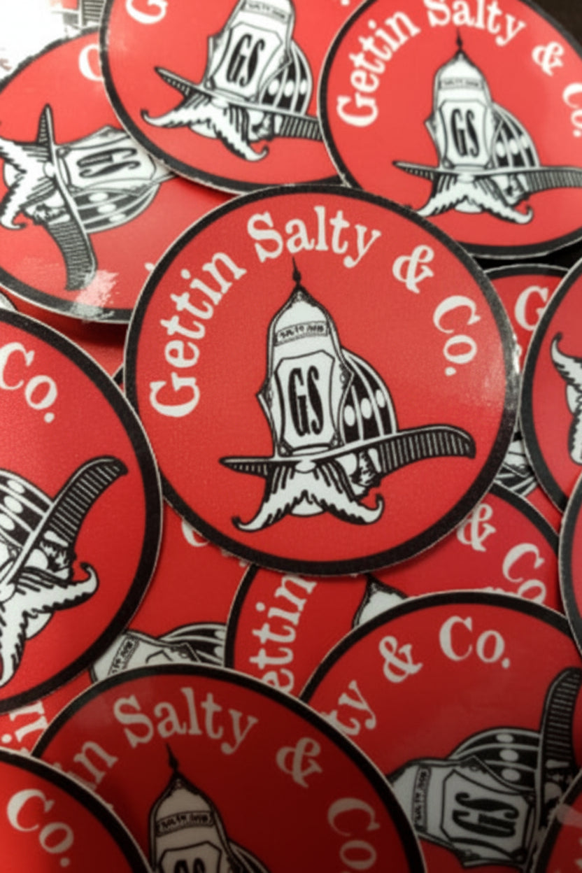 Red circular patches with 'Gettin Salty & Co' logo and text.