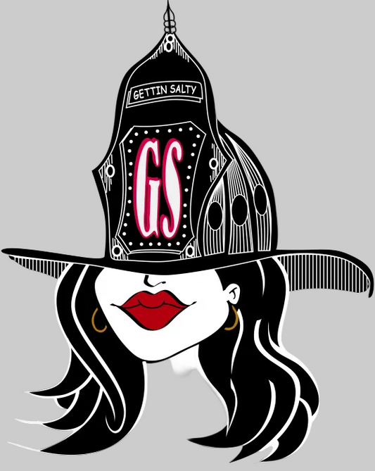 Illustration of a woman wearing a large helmet with 'GS' on it alternate view
