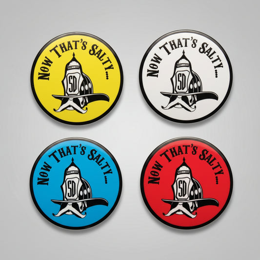 Four round badges with 'Now That's Salty' logo  alternate view