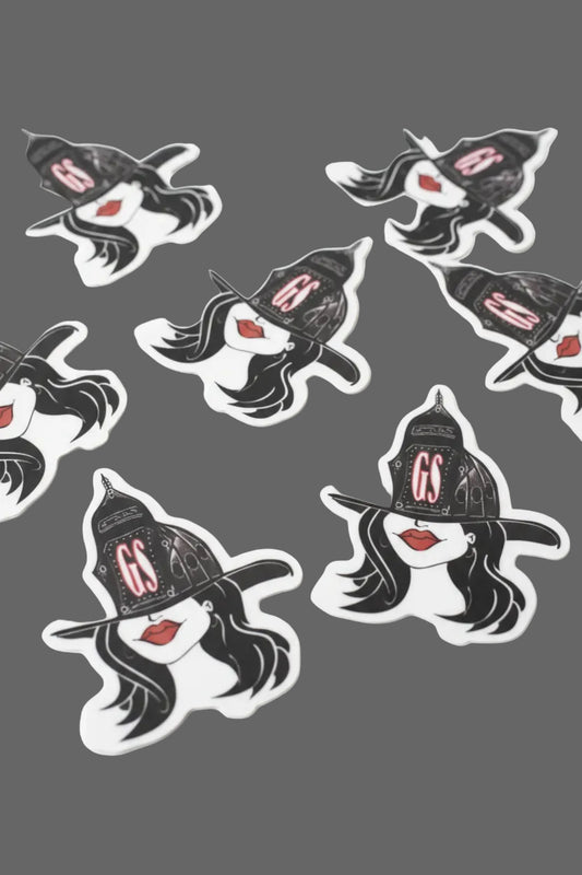 Stickers with a design of a woman brunette firefighter wearing a helmet with 'GS' initials