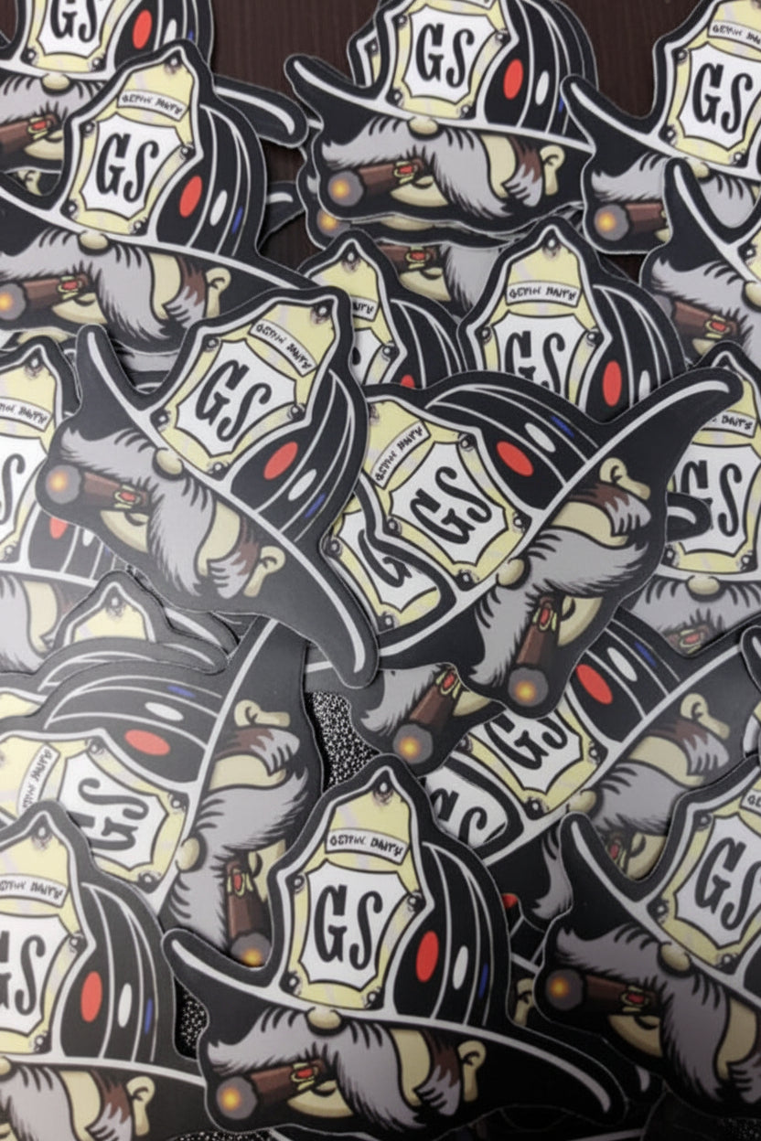 Pattern of firefighter helmets with 'GS' logo on a dark background