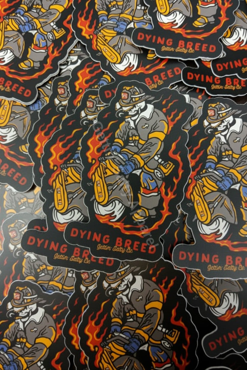Stickers with 'Dying Breed' design featuring a character with flames.
