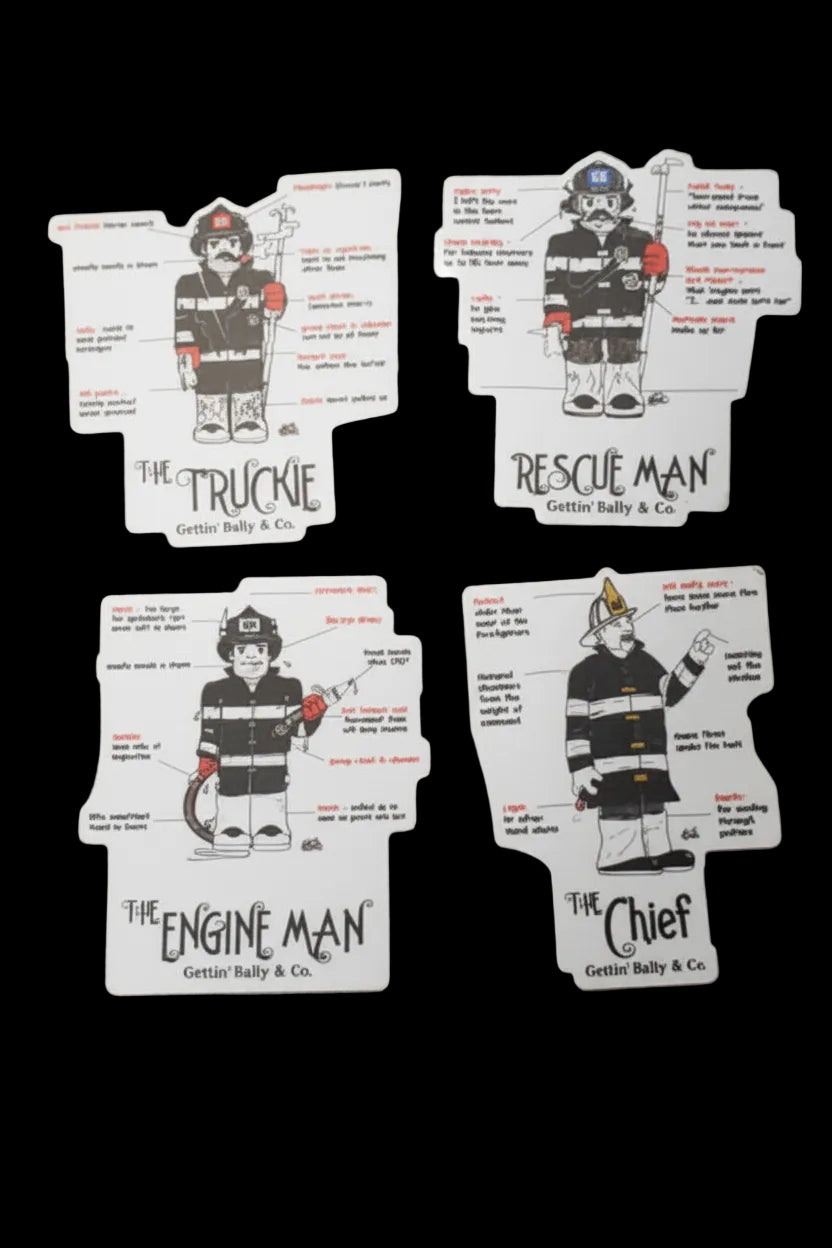Set of five die-cut stickers featuring firefighter characters and text on a black background.