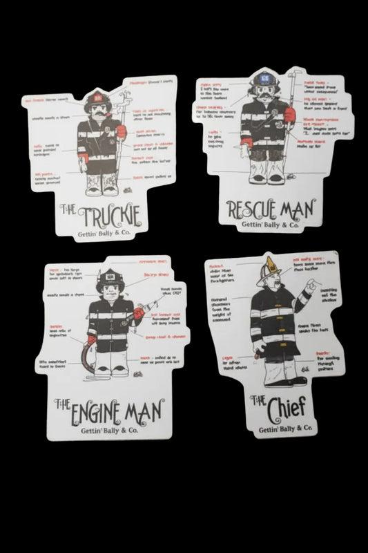Set of five die-cut stickers featuring firefighter characters and text on a black background.