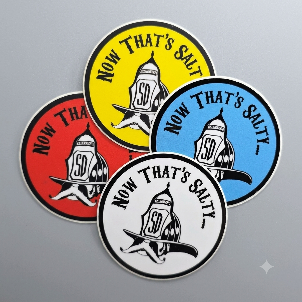Four round stickers with the phrase 'NOW THAT'S SALTY' helmet illustration, shown in red, yellow, blue, and white on a gray background.