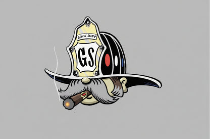 Cartoon-style fire helmet with 'Gettin' Salty' logo and cigar