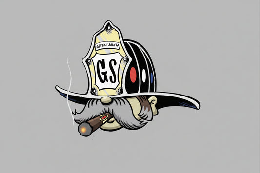 Cartoon-style fire helmet with 'Gettin' Salty' logo and cigar