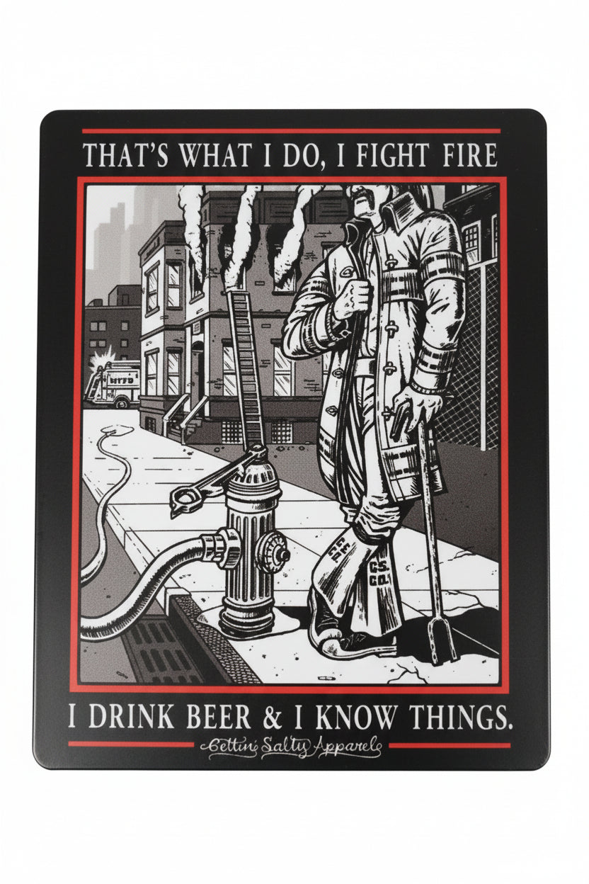 Illustration of a firefighter with text 'That's what I do. I fight fire.