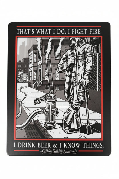 Illustration of a firefighter with text 'That's what I do. I fight fire.