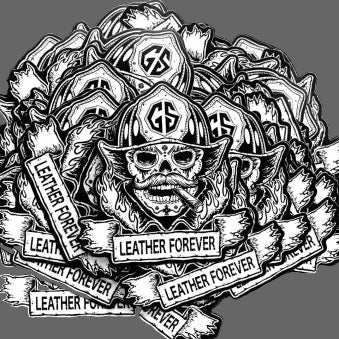 Black and white graphic with skull wearing a helmet and 'Leather Forever' text on a black background
