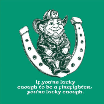 Illustration of a gnome in a firefighter hat inside a horseshoe with a quote on a green background
